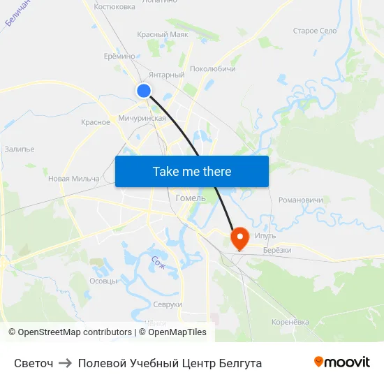 Светоч to Полевой Учебный Центр Белгута map