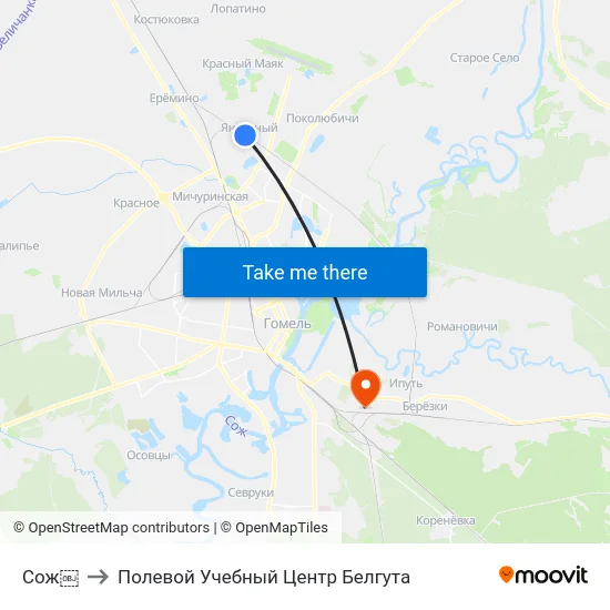 Сож￼ to Полевой Учебный Центр Белгута map