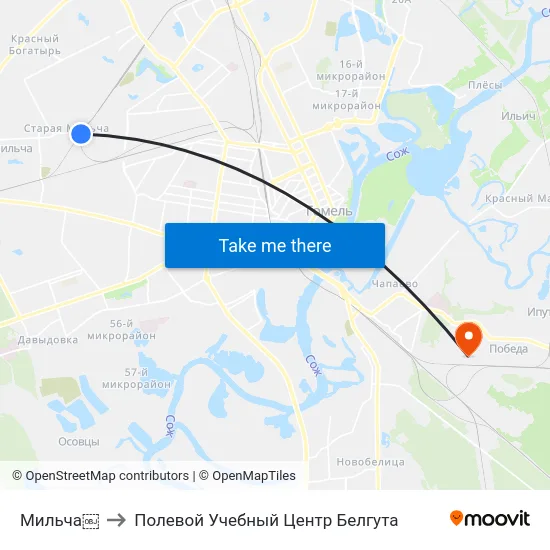 Мильча￼ to Полевой Учебный Центр Белгута map
