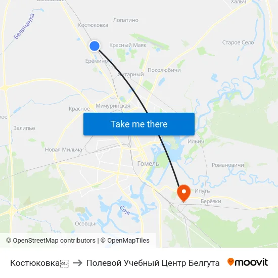 Костюковка￼ to Полевой Учебный Центр Белгута map