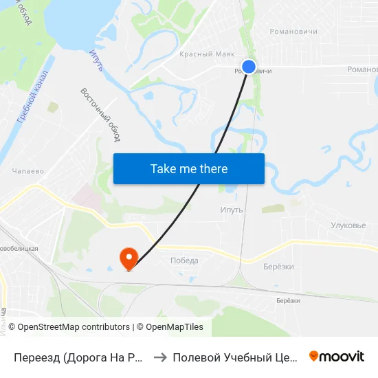 Переезд (Дорога На Романовичи) to Полевой Учебный Центр Белгута map