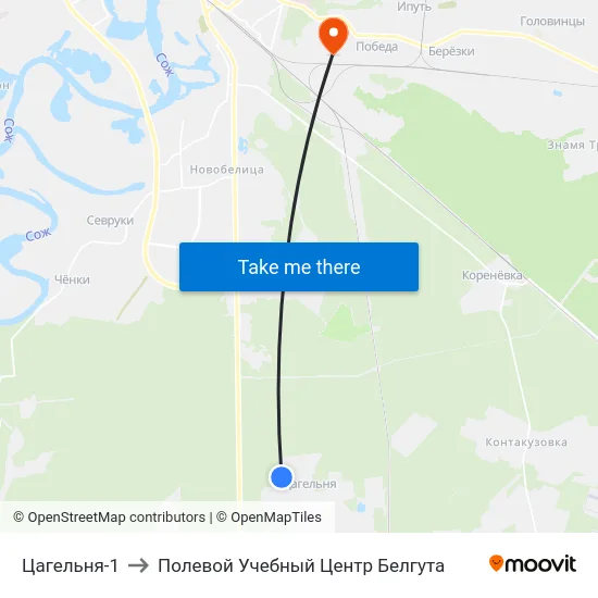 Цагельня-1 to Полевой Учебный Центр Белгута map