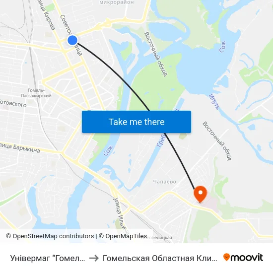 Універмаг “Гомель” (Универмаг «Гомель») to Гомельская Областная Клиническая Психиатрическая Больница map