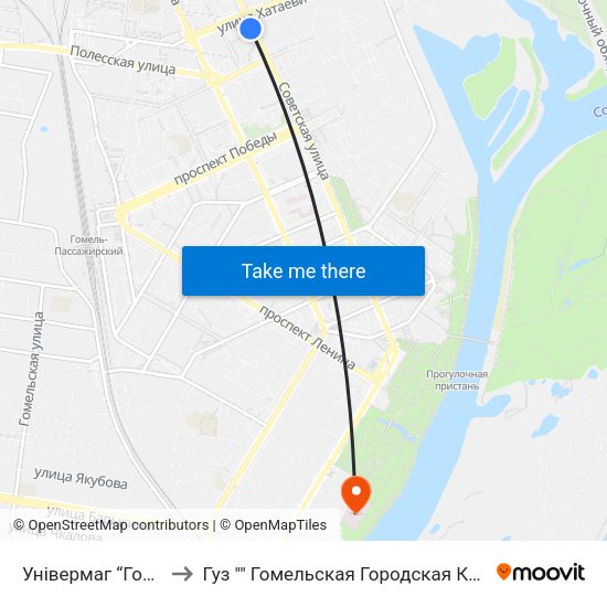 Універмаг “Гомель” (Универмаг «Гомель») to Гуз "" Гомельская Городская Клиническая Больница Скорой Медицинской Помощи"" map