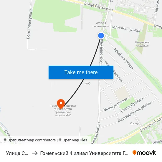 Улица Сосновая to Гомельский Филиал Университета Гражданской Защиты Мчс map