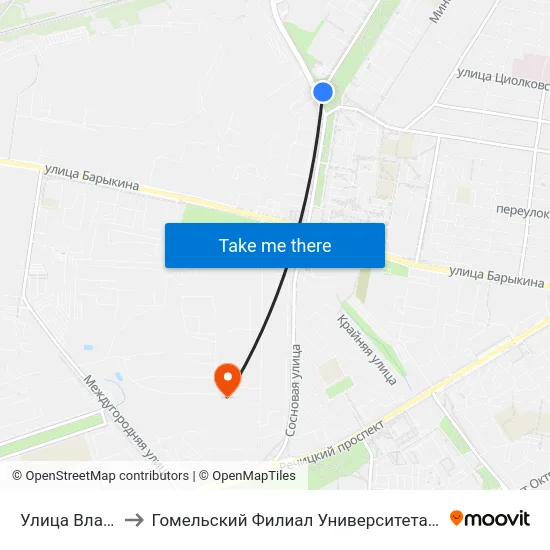Улица Владимирова to Гомельский Филиал Университета Гражданской Защиты Мчс map