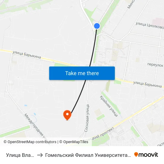 Улица Владимирова to Гомельский Филиал Университета Гражданской Защиты Мчс map