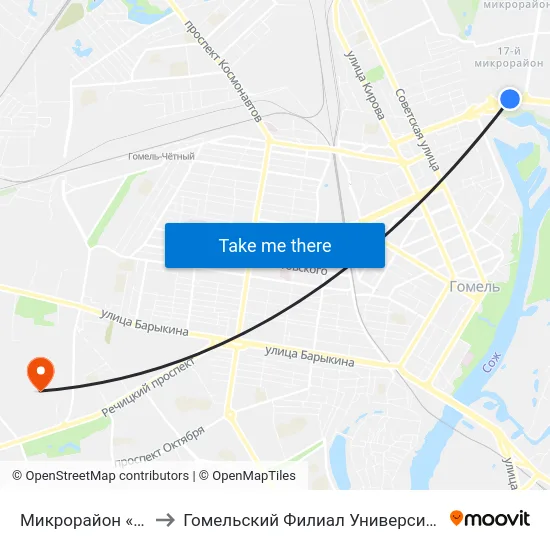 Микрорайон «Мельников Луг» to Гомельский Филиал Университета Гражданской Защиты Мчс map
