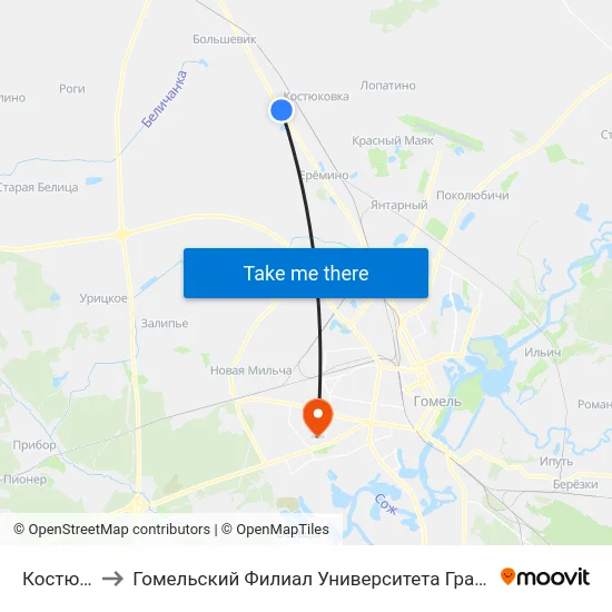 Костюковка to Гомельский Филиал Университета Гражданской Защиты Мчс map