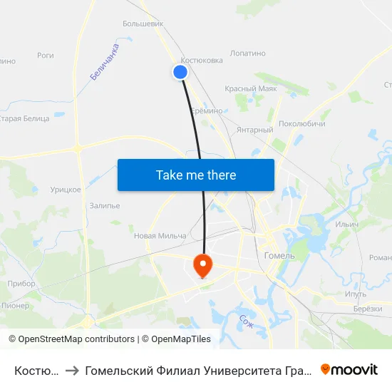 Костюковка to Гомельский Филиал Университета Гражданской Защиты Мчс map