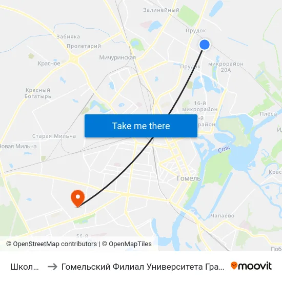 Школа № 54 to Гомельский Филиал Университета Гражданской Защиты Мчс map