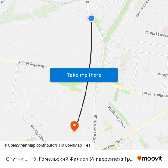 Спутник Мира to Гомельский Филиал Университета Гражданской Защиты Мчс map