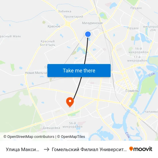 Улица Максима Богдановича to Гомельский Филиал Университета Гражданской Защиты Мчс map
