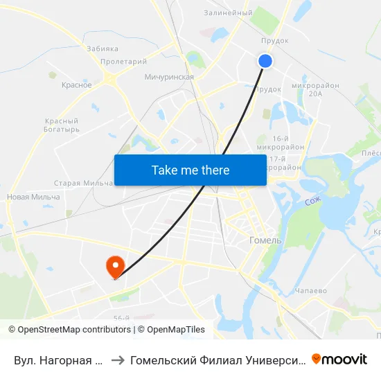 Вул. Нагорная (Улица Нагорная) to Гомельский Филиал Университета Гражданской Защиты Мчс map