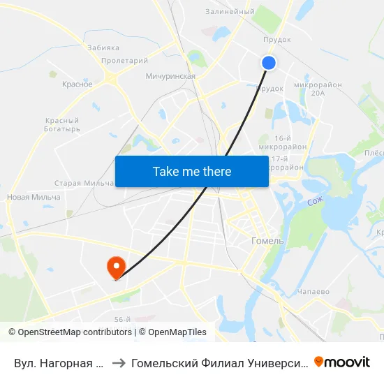Вул. Нагорная (Улица Нагорная) to Гомельский Филиал Университета Гражданской Защиты Мчс map
