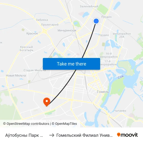 Аўтобусны Парк №6 (Автобусный Парк № 6) to Гомельский Филиал Университета Гражданской Защиты Мчс map