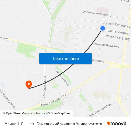 Улица 1-Я Встречная to Гомельский Филиал Университета Гражданской Защиты Мчс map