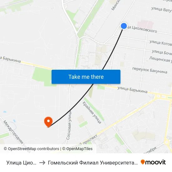 Улица Циолковского to Гомельский Филиал Университета Гражданской Защиты Мчс map
