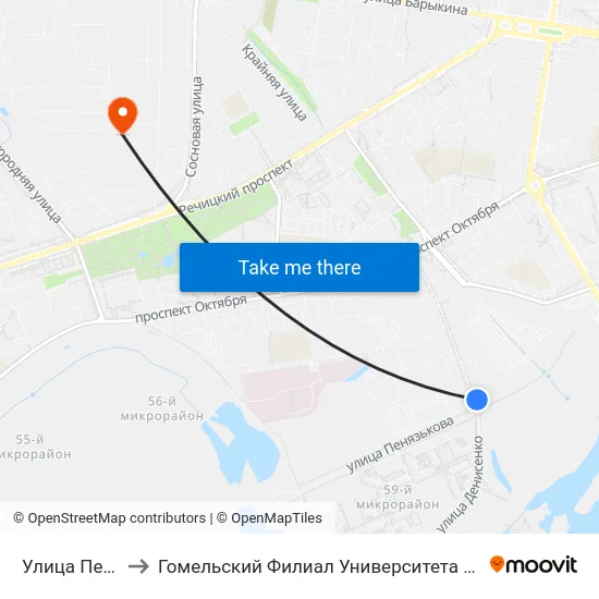 Улица Пенязькова to Гомельский Филиал Университета Гражданской Защиты Мчс map