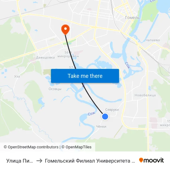 Улица Пионерская to Гомельский Филиал Университета Гражданской Защиты Мчс map