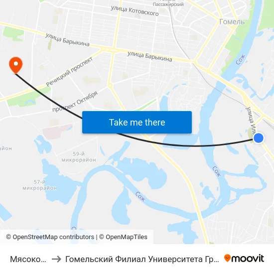 Мясокомбинат to Гомельский Филиал Университета Гражданской Защиты Мчс map