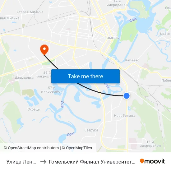 Улица Ленинградская to Гомельский Филиал Университета Гражданской Защиты Мчс map