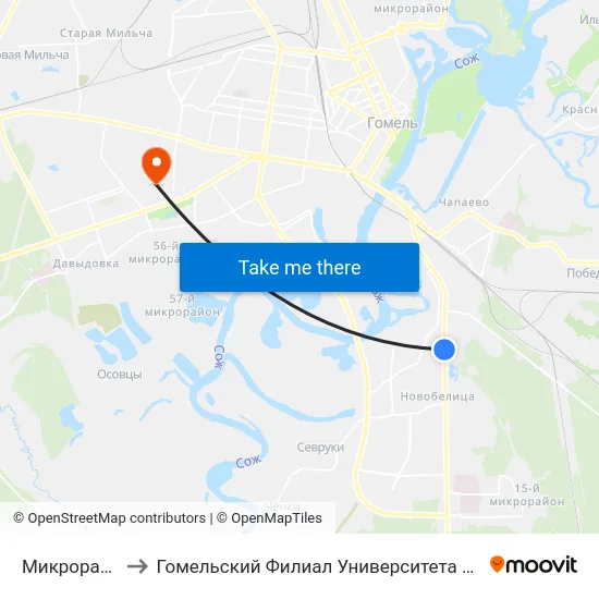 Микрорайон № 35 to Гомельский Филиал Университета Гражданской Защиты Мчс map