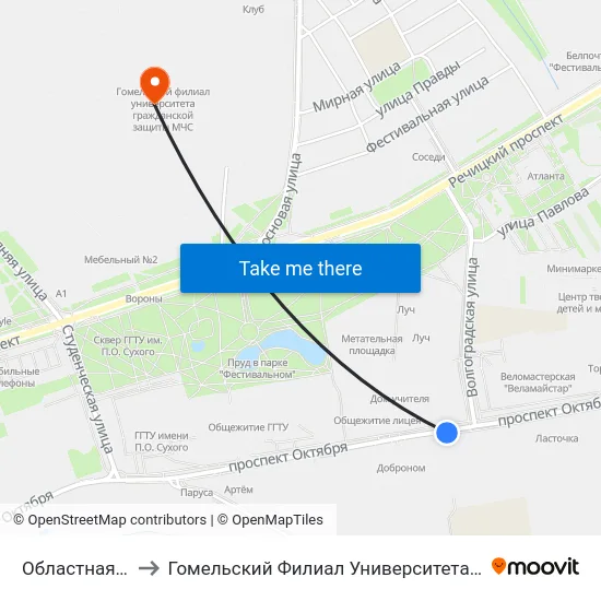 Областная Больница to Гомельский Филиал Университета Гражданской Защиты Мчс map