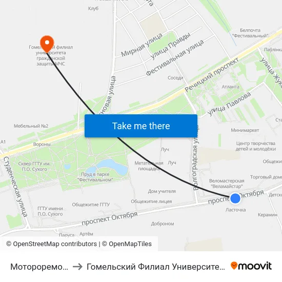 Мотороремонтный Завод to Гомельский Филиал Университета Гражданской Защиты Мчс map