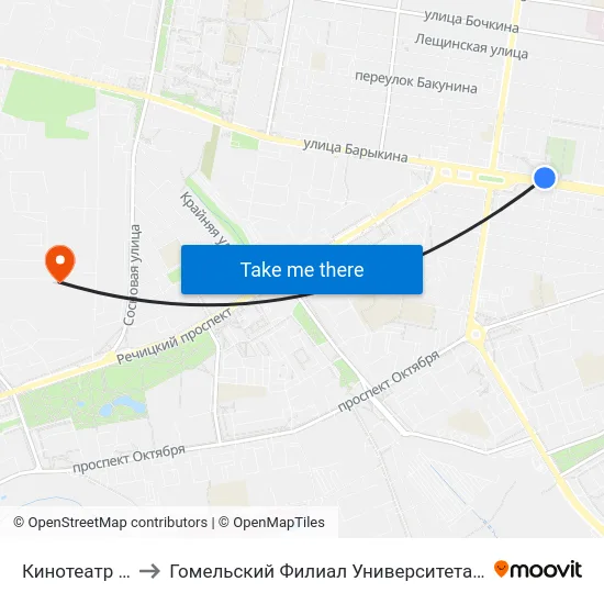 Кинотеатр «Октябрь» to Гомельский Филиал Университета Гражданской Защиты Мчс map