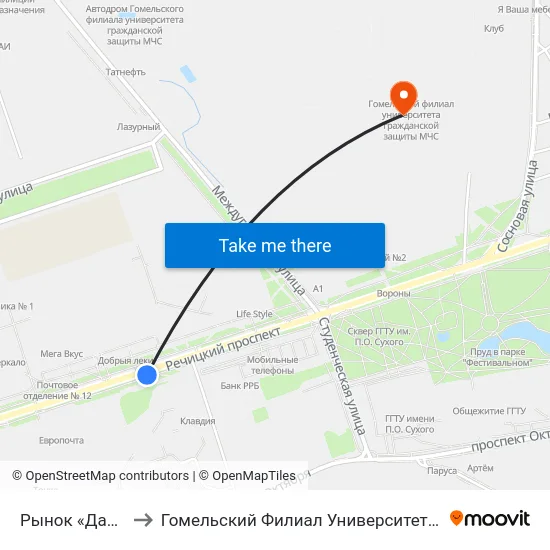 Рынок «Давыдовский» to Гомельский Филиал Университета Гражданской Защиты Мчс map