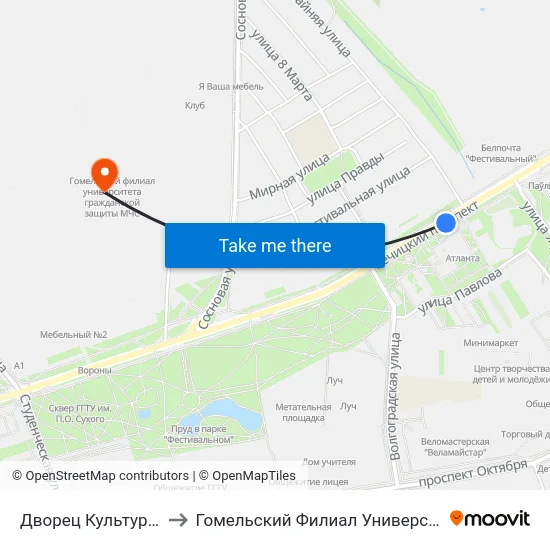 Дворец Культуры «Фестивальный» to Гомельский Филиал Университета Гражданской Защиты Мчс map