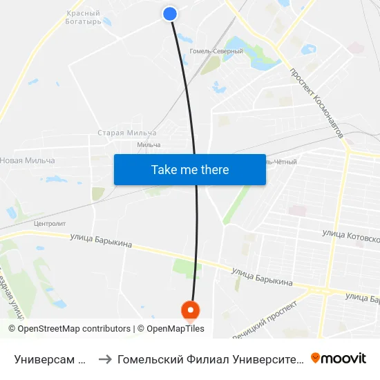 Универсам Облторгсоюза to Гомельский Филиал Университета Гражданской Защиты Мчс map