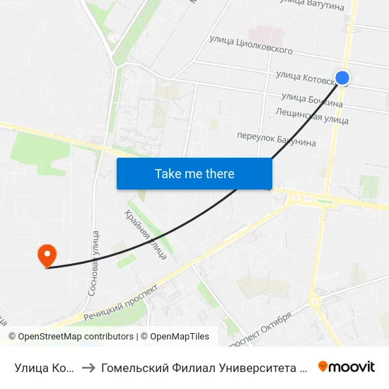 Улица Котовского to Гомельский Филиал Университета Гражданской Защиты Мчс map