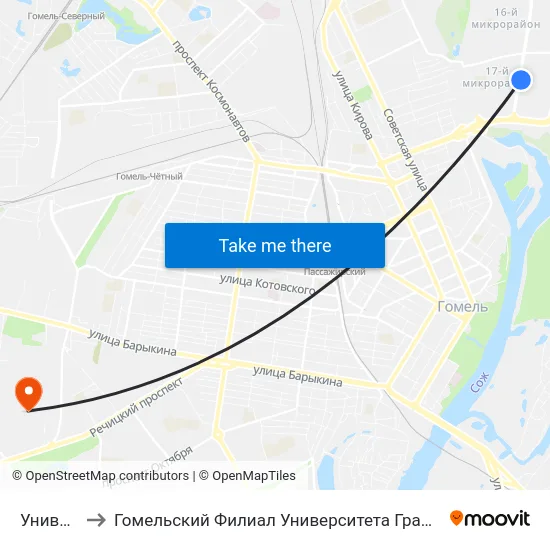 Универсам to Гомельский Филиал Университета Гражданской Защиты Мчс map