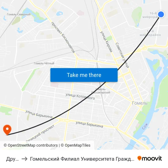 Дружба to Гомельский Филиал Университета Гражданской Защиты Мчс map