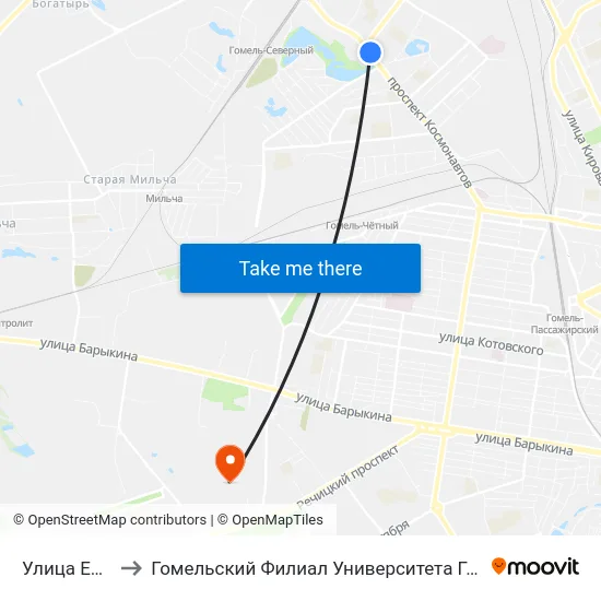 Улица Ефремова to Гомельский Филиал Университета Гражданской Защиты Мчс map