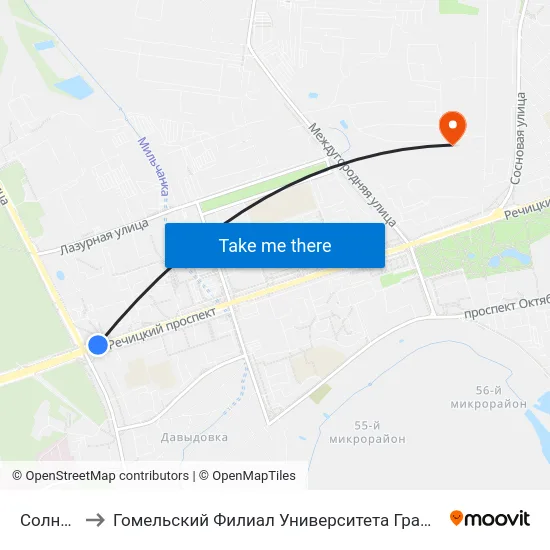 Солнечная to Гомельский Филиал Университета Гражданской Защиты Мчс map