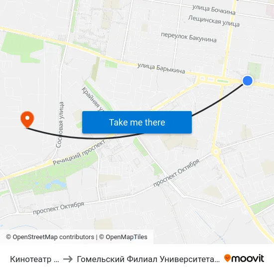 Кинотеатр «Октябрь» to Гомельский Филиал Университета Гражданской Защиты Мчс map