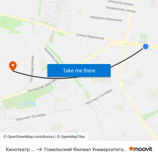 Кинотеатр «Октябрь» to Гомельский Филиал Университета Гражданской Защиты Мчс map