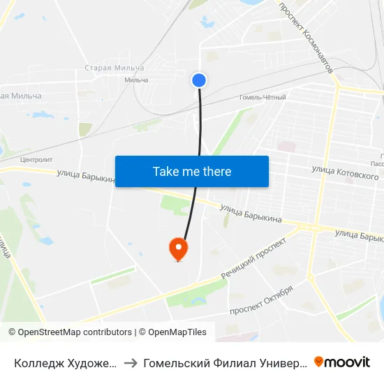 Колледж Художественных Промыслов to Гомельский Филиал Университета Гражданской Защиты Мчс map