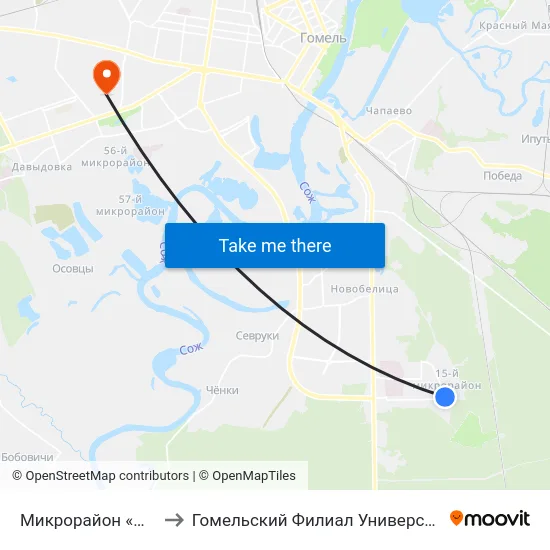 Микрорайон «Южный» (Высадка) to Гомельский Филиал Университета Гражданской Защиты Мчс map
