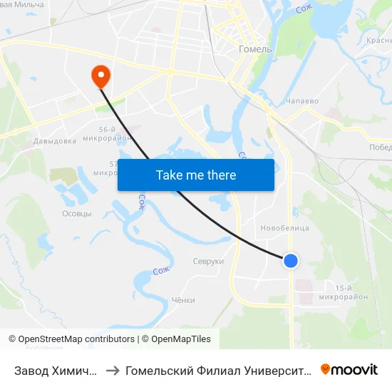 Завод Химических Изделий to Гомельский Филиал Университета Гражданской Защиты Мчс map