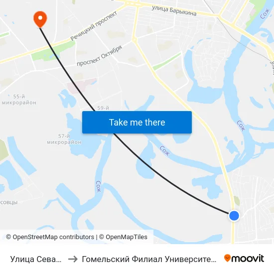 Улица Севастопольская to Гомельский Филиал Университета Гражданской Защиты Мчс map