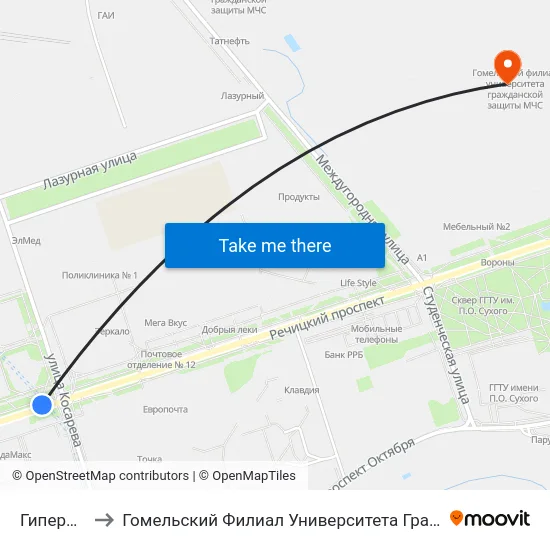 Гипермаркет to Гомельский Филиал Университета Гражданской Защиты Мчс map