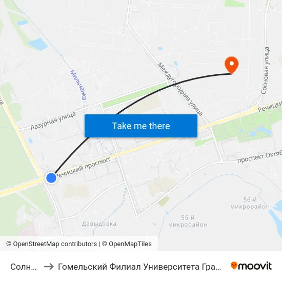 Солнечная to Гомельский Филиал Университета Гражданской Защиты Мчс map