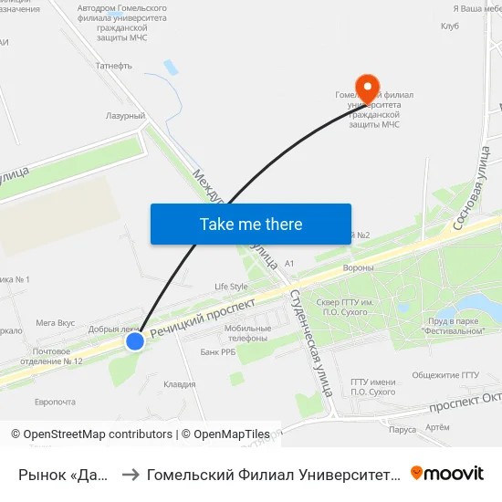 Рынок «Давыдовский» to Гомельский Филиал Университета Гражданской Защиты Мчс map