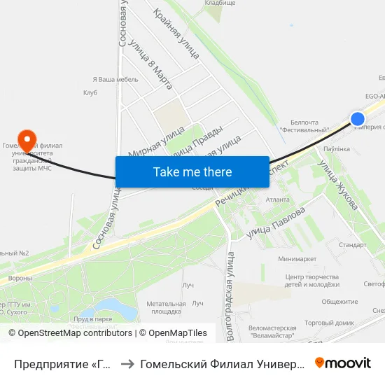 Предприятие «Гомельоблавтотранс» to Гомельский Филиал Университета Гражданской Защиты Мчс map