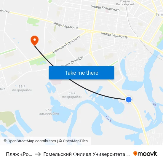 Пляж «Роповский» to Гомельский Филиал Университета Гражданской Защиты Мчс map