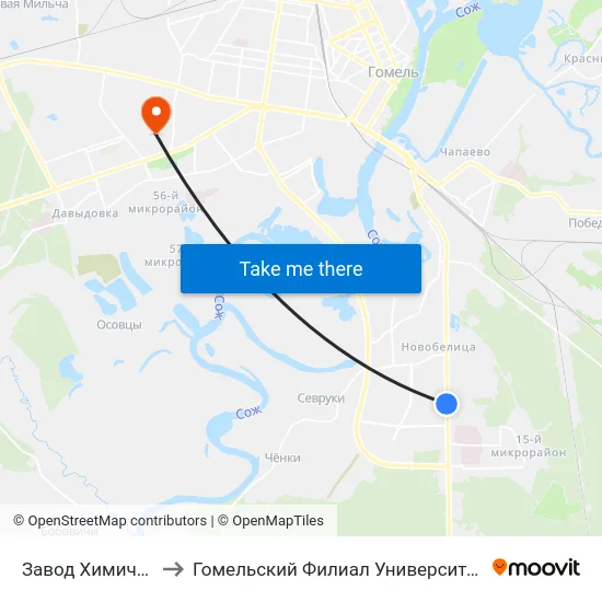 Завод Химических Изделий to Гомельский Филиал Университета Гражданской Защиты Мчс map